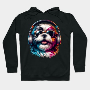 Shih Tzu Smiling DJ with Headphones and Sunglasses Hoodie